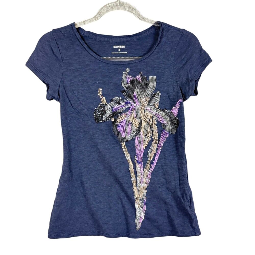 Vtg Express Y2K Women Sequin Iris Purpl Flower XS Top 90s Lightweight S/S Shirt